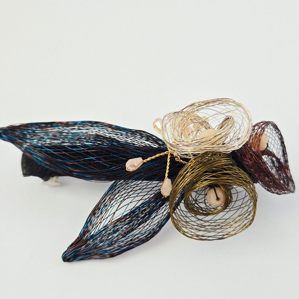 Handcrafted Woven Wire Mesh Flower Hair Clip Barrette Crystal Beaded Floral Boho